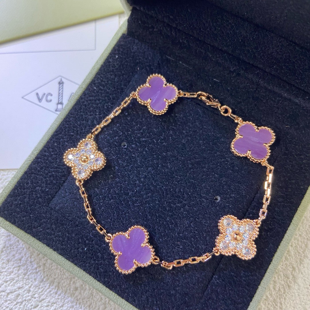 [Mystic]CLOVER  5 MOTIFS  PURPLE VIOLET DIAMOND BRACELET-w