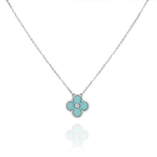 [Mystic]CLOVER 1 DIAMOND LIGHT BLUE SILVER NECKLACE