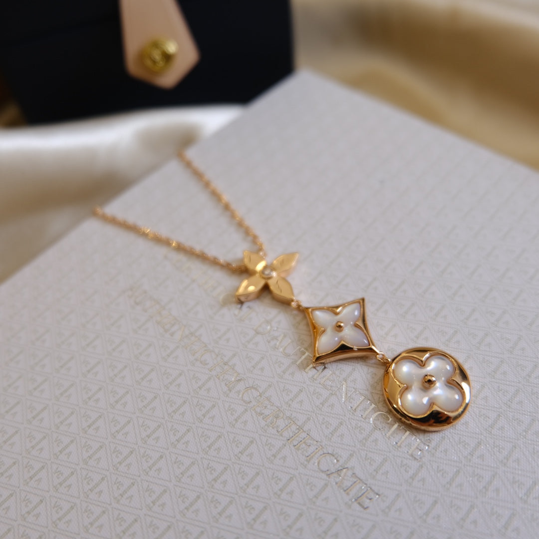 [Mystic]COLOR BLOSSOM LARIAT NECKLACE PINK GOLD WHITE MOTHER PEARL AND DIAMOND