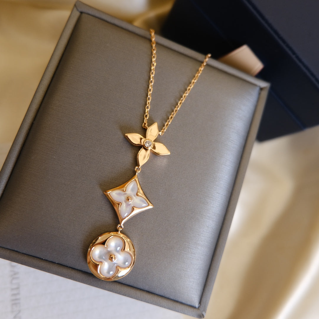 [Mystic]COLOR BLOSSOM LARIAT NECKLACE PINK GOLD WHITE MOTHER PEARL AND DIAMOND