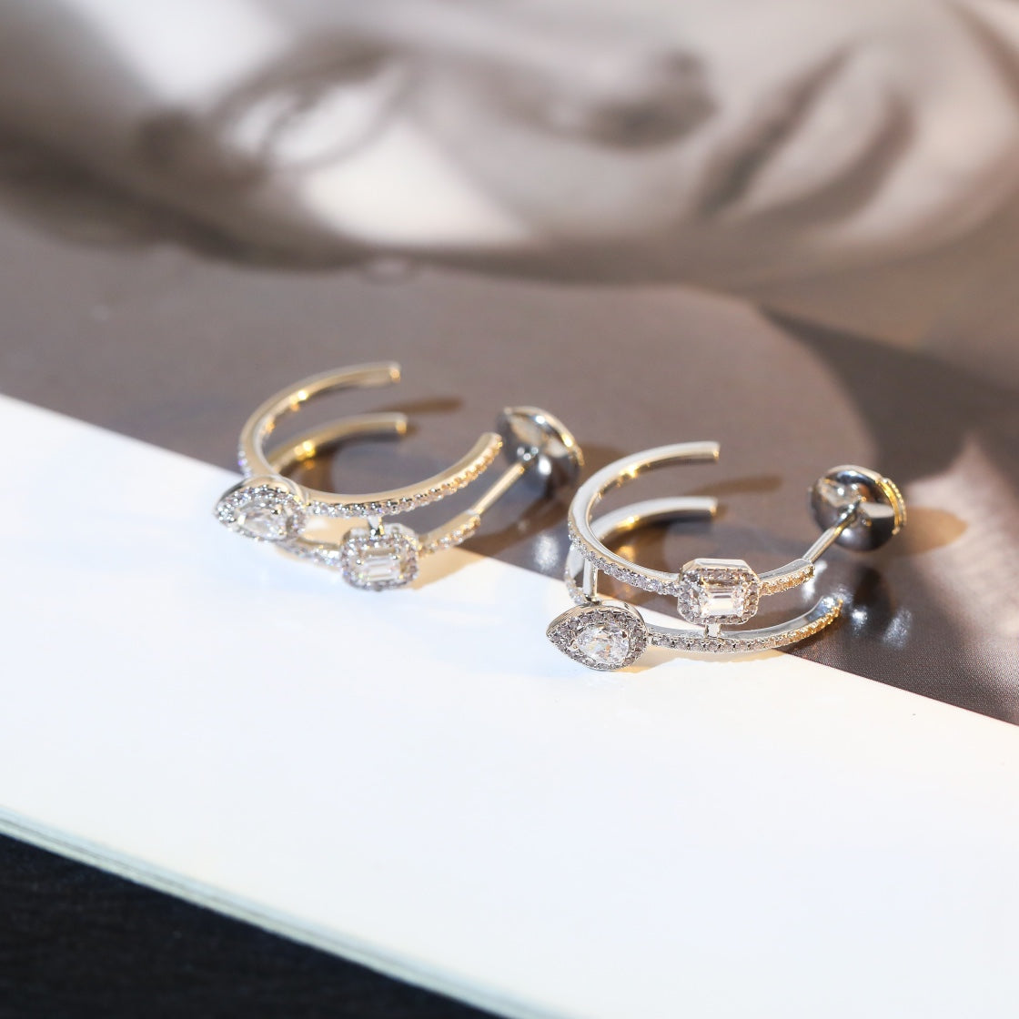 [Mysitc] CREOLES MY TWIN 2 RANGS SILVER DIAMOND EARRINGS