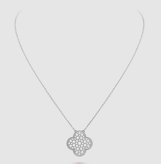 [Mystic Crown]CLOVER 25MM LARGE PENDANT DIAMOND PAVED SILVER NECKLACE