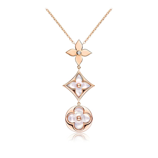 [Mystic Crown]COLOR BLOSSOM LARIAT NECKLACE PINK GOLD WHITE MOTHER PEARL AND DIAMOND