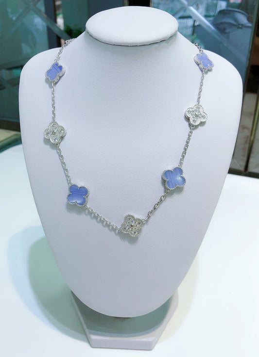 [Mystic Crown]CLOVER 10 MOTIFS CHALCEDONY DIAMONDS SILVER NECKLACE