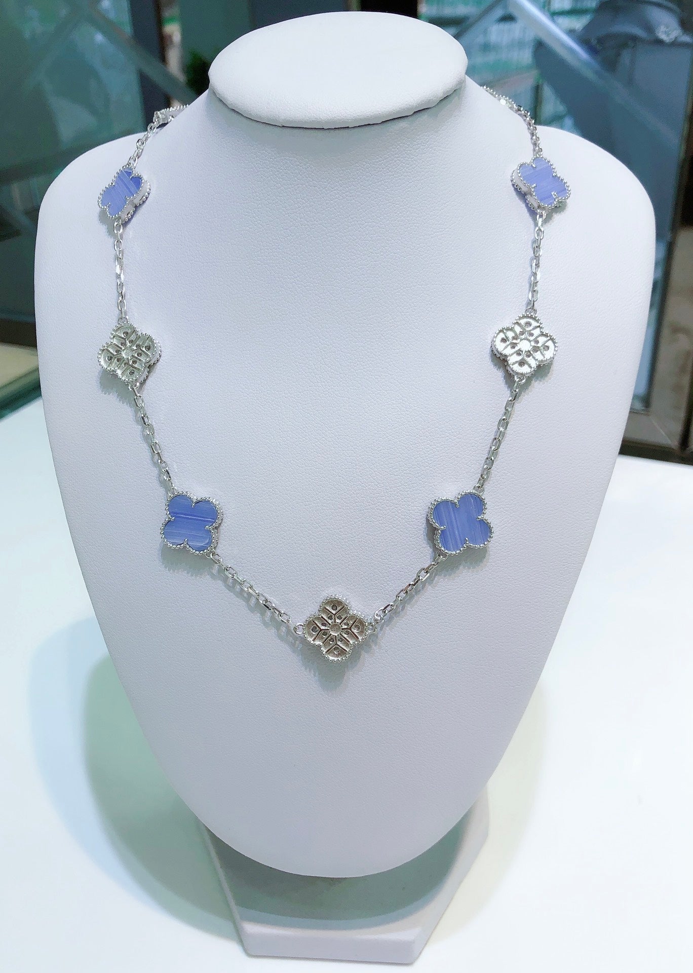 [Mystic]CLOVER 10 MOTIFS CHALCEDONY DIAMONDS SILVER NECKLACE