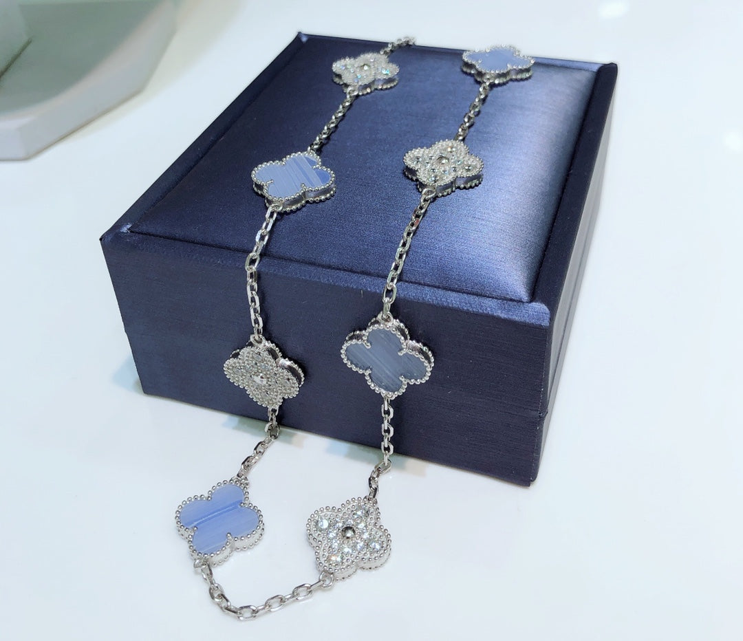 [Mystic]CLOVER 10 MOTIFS CHALCEDONY DIAMONDS SILVER NECKLACE