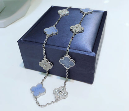 [Mystic]CLOVER 10 MOTIFS CHALCEDONY DIAMONDS SILVER NECKLACE