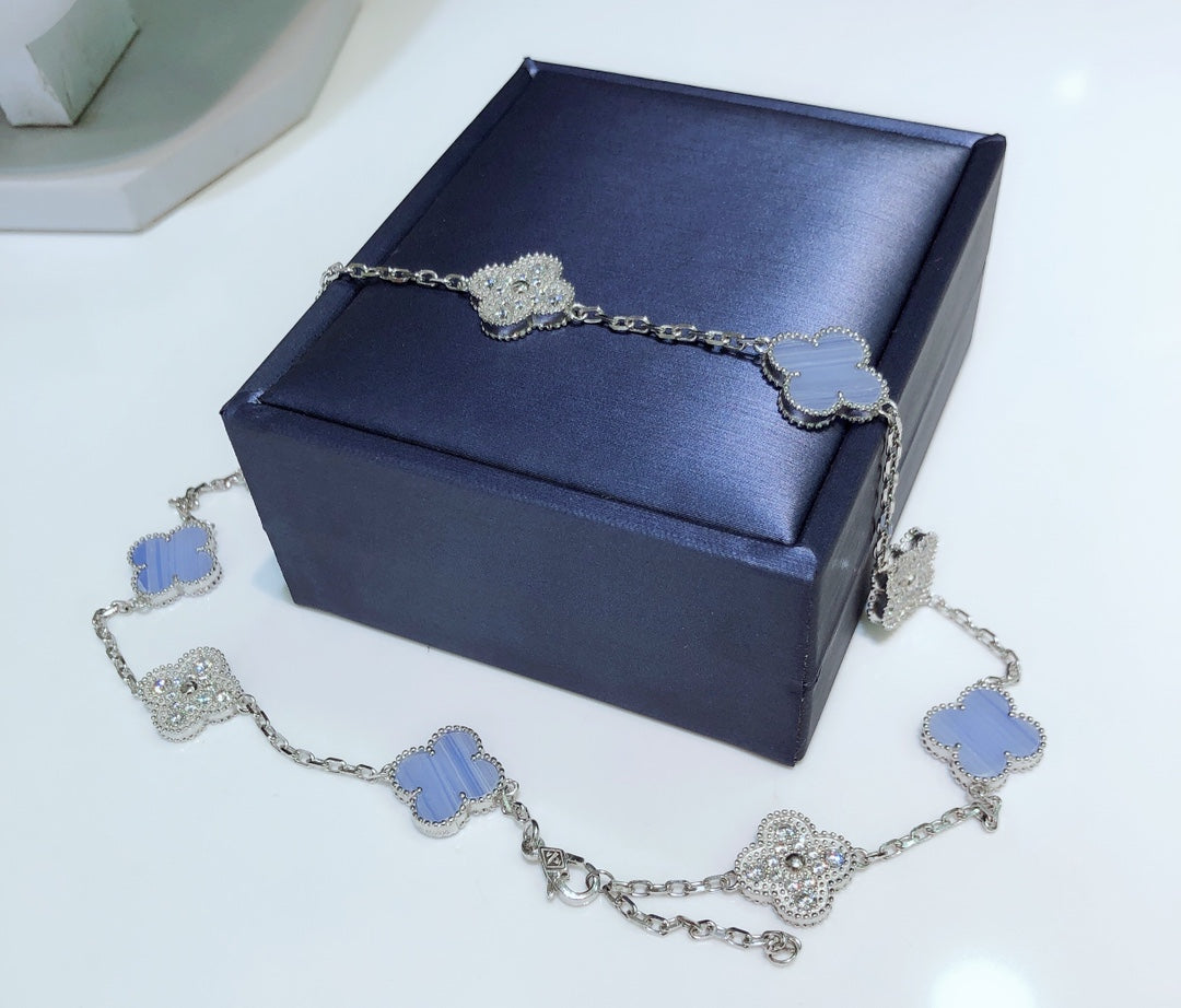 [Mystic]CLOVER 10 MOTIFS CHALCEDONY DIAMONDS SILVER NECKLACE