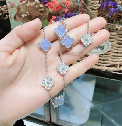 [Mystic]CLOVER 10 MOTIFS CHALCEDONY DIAMONDS SILVER NECKLACE