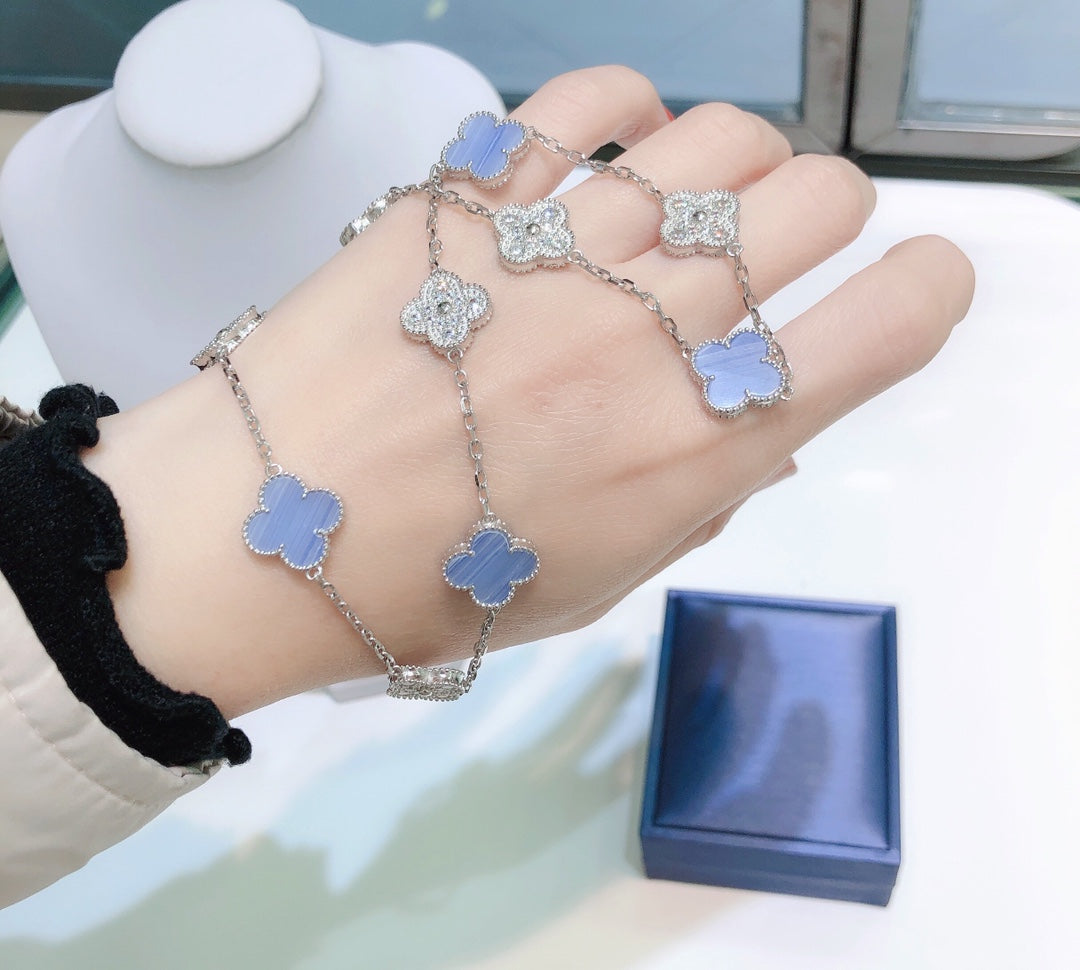 [Mystic]CLOVER 10 MOTIFS CHALCEDONY DIAMONDS SILVER NECKLACE