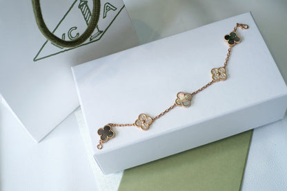 [Mystic]CLOVER 5 MOTIFS DARK MOP AND DIAMONDS PINK GOLD BRACELET