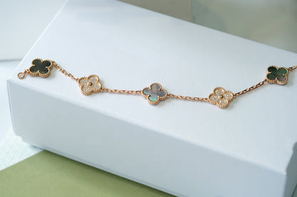 [Mystic]CLOVER 5 MOTIFS DARK MOP AND DIAMONDS PINK GOLD BRACELET