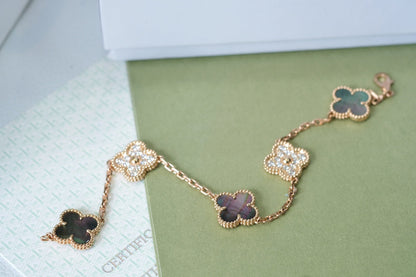 [Mystic]CLOVER 5 MOTIFS DARK MOP AND DIAMONDS PINK GOLD BRACELET