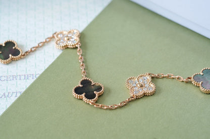 [Mystic]CLOVER 5 MOTIFS DARK MOP AND DIAMONDS PINK GOLD BRACELET