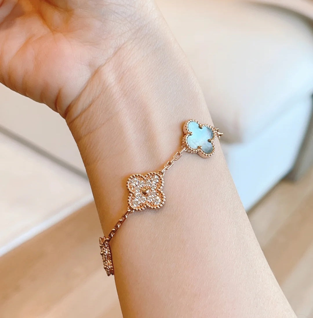[Mystic]CLOVER 5 MOTIFS DARK MOP AND DIAMONDS PINK GOLD BRACELET
